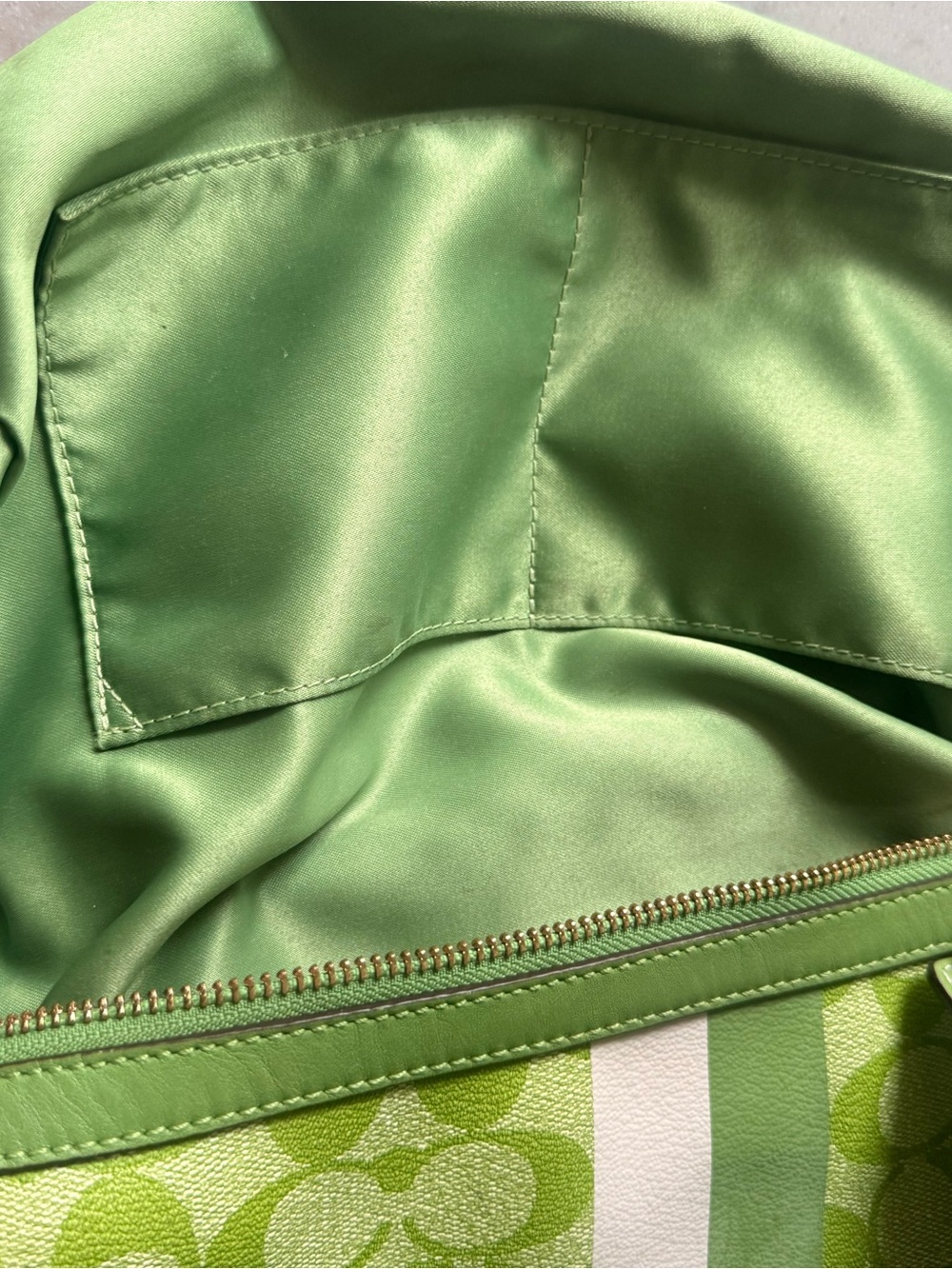 Coach Lime Green Signature Stripe Satchel with White Accents - Picture 10 of 12